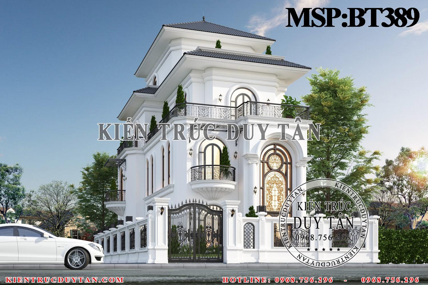 Mẫu nhà 3 tầng Tân cổ điển mái Thái, 05 phòng ngủ đẹp nhất 2021- BT389